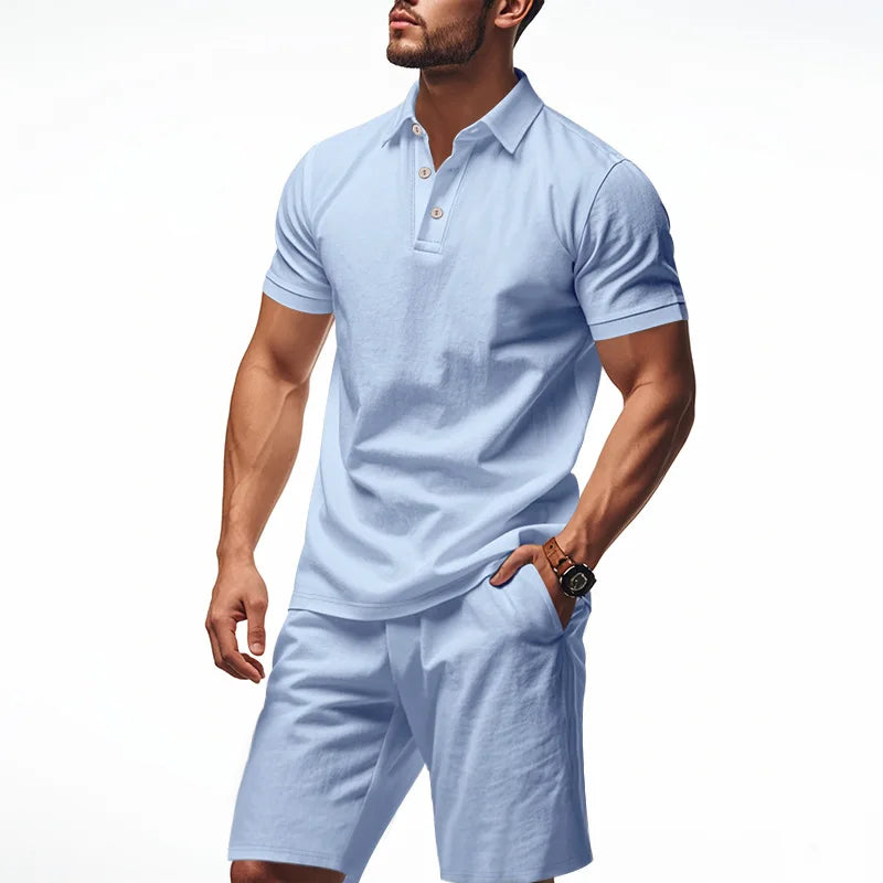 Ensemble 2 Pièces Homme Lin Chemise Polo Manches Courtes + Short Plage Casual Été – CLEVI Paris