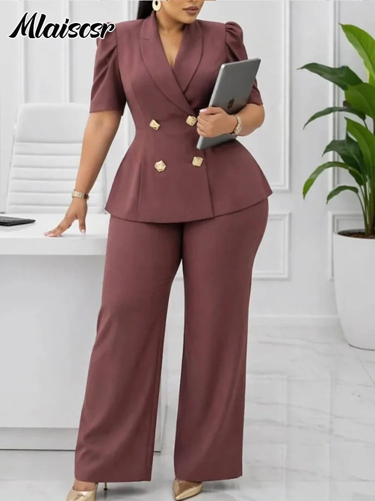 Tailleur Femme 2 Pièces Blazer Manches Bouffantes + Pantalon Large Bureau – CLEVI Paris