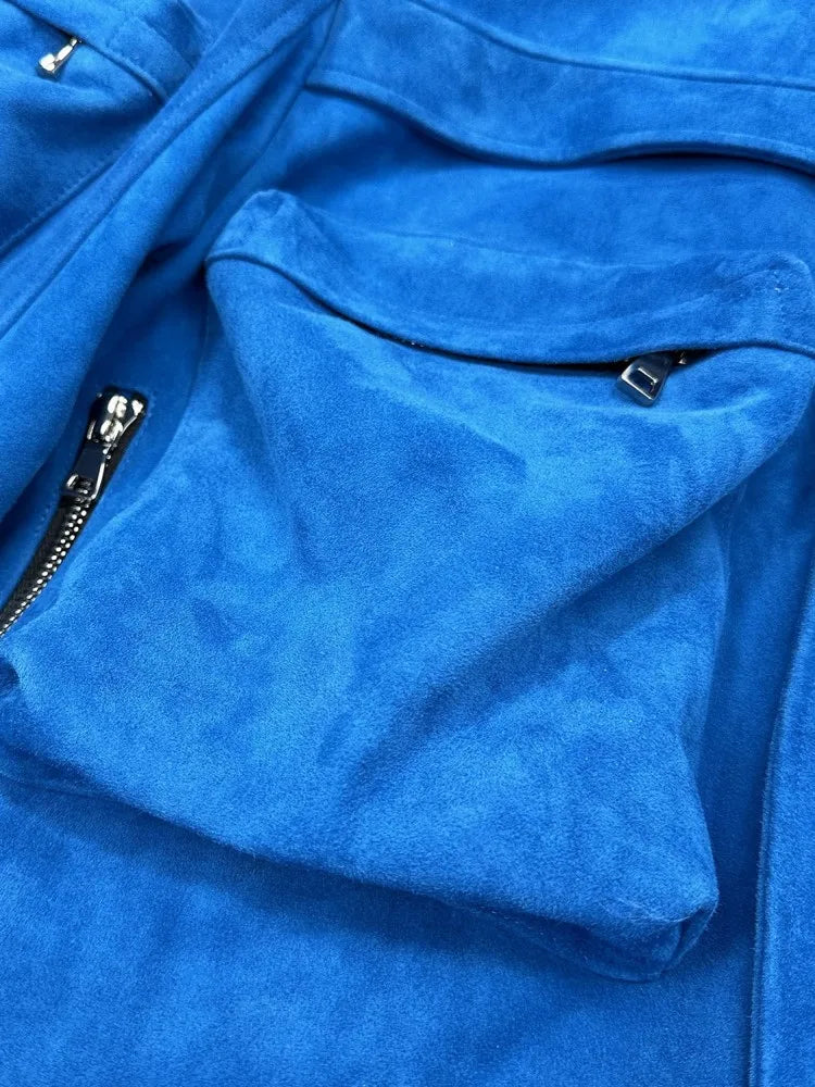 Bomber homme en cuir bleu aspect daim – CLEVI Paris