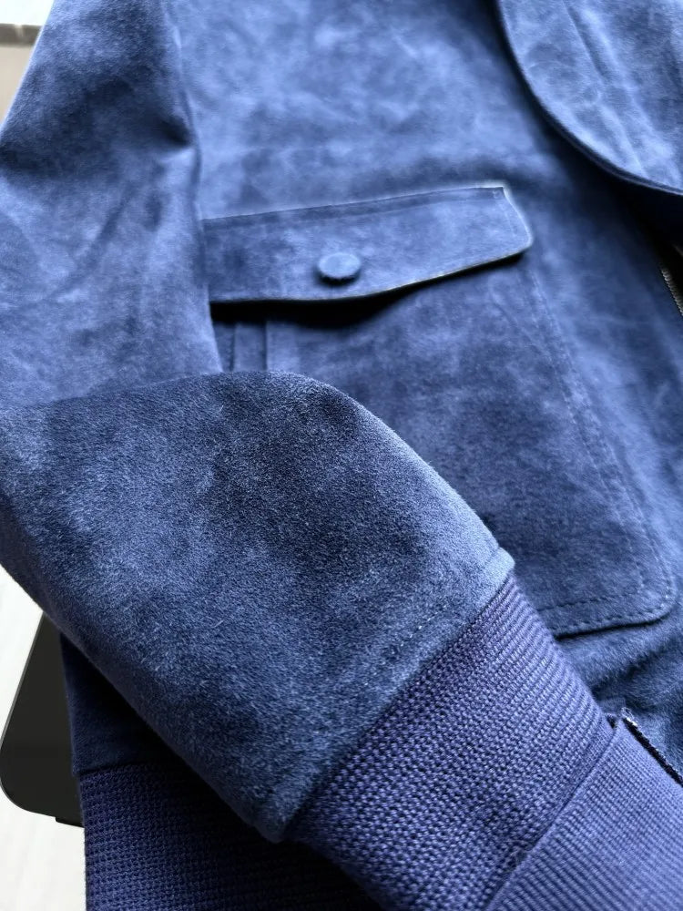 Veste homme en cuir bleu profond à col rabattu – CLEVI Paris