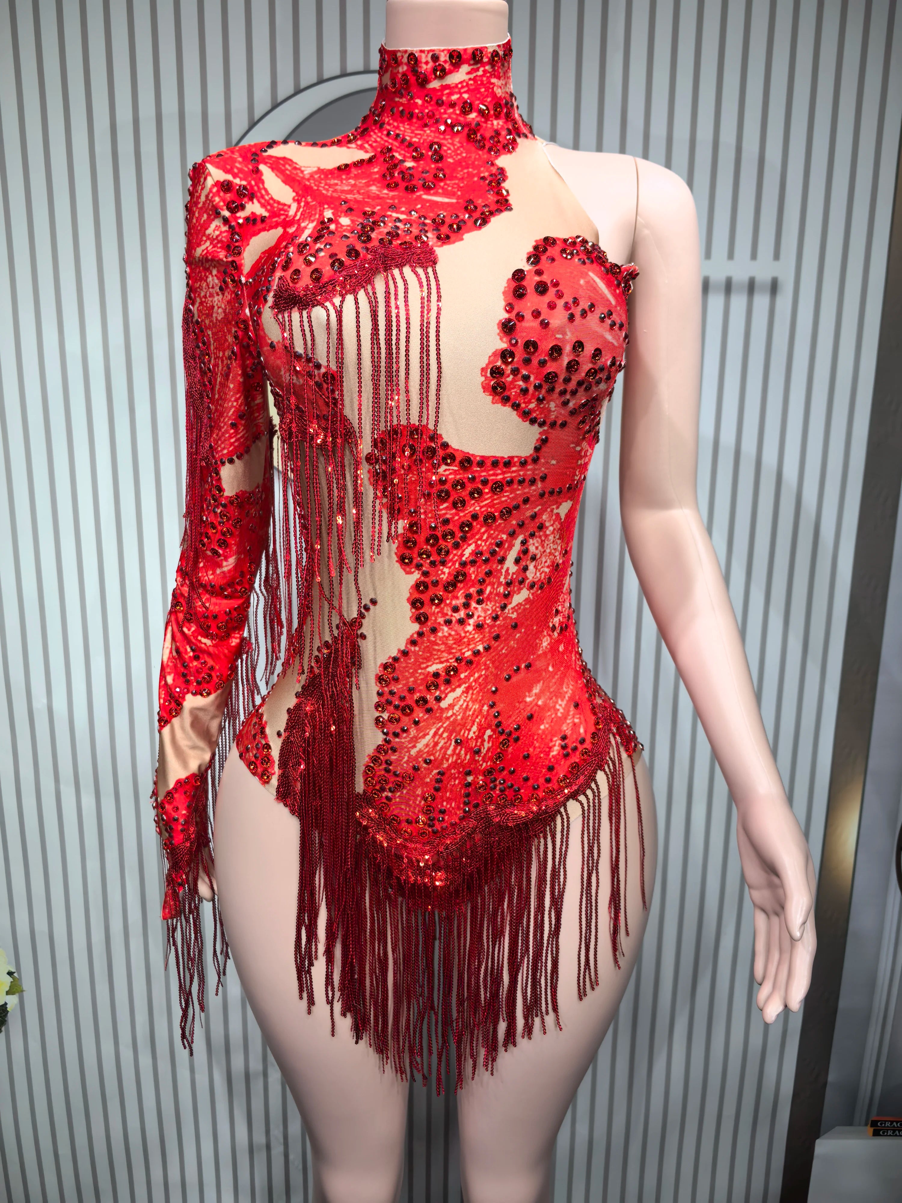 Justaucorps Scénique Femme Épaule Asymétrique Strass & Franges – CLEVI Paris