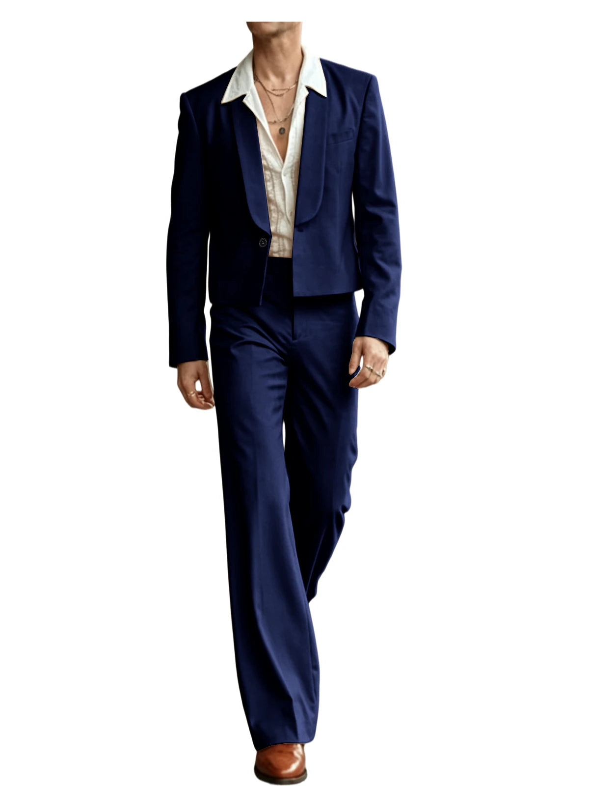 Costume 2 Pièces Homme Blazer Court Col Châle + Pantalon Évasé Taille Haute Style Vintage Slim Fit – CLEVI Paris