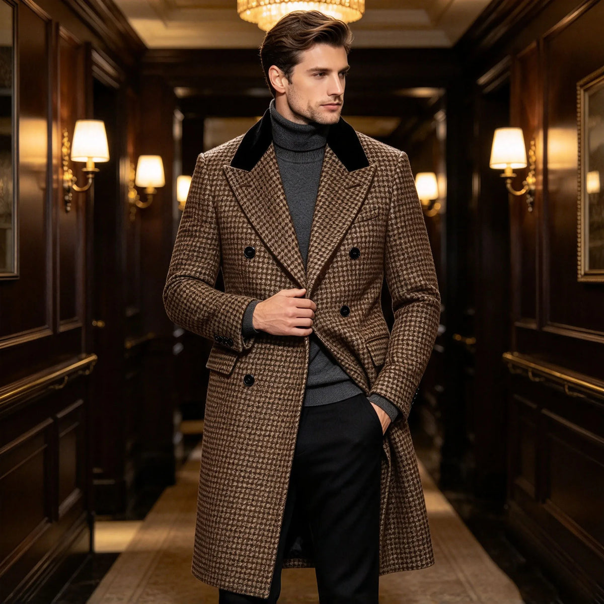 Manteau long homme pied-de-poule croisé – CLEVI Paris
