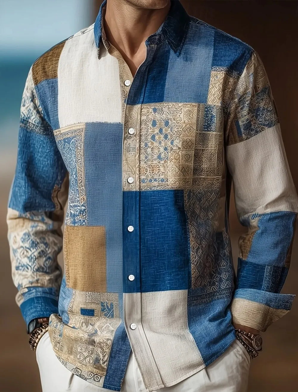 Chemise homme en lin à motif géométrique – CLEVI Paris