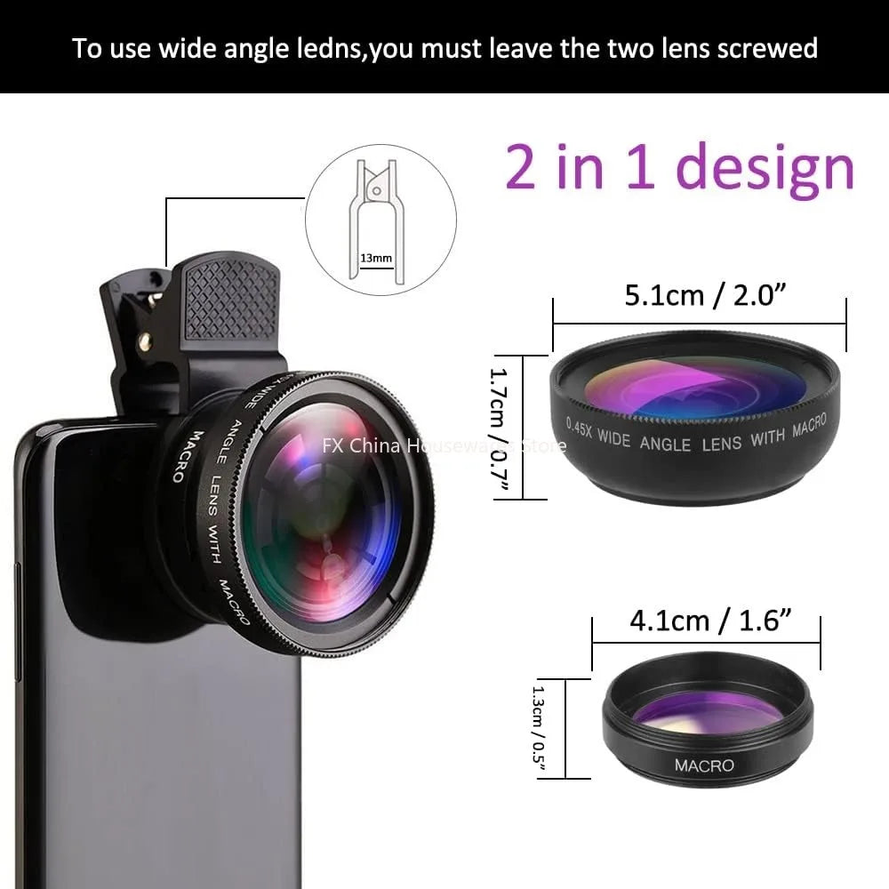 Kit Objectif 2-en-1 Smartphone – Grand Angle 0.45x + Macro HD, Clip Universel iPhone & Android
