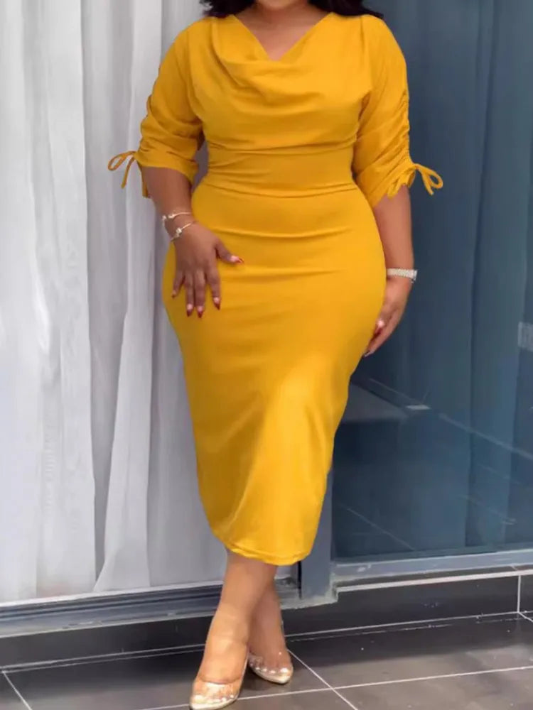 Robe Femme Grande Taille Col V Manches 3/4 Crayon Mi-Mollet Lacets Bureau Casual – CLEVI Paris