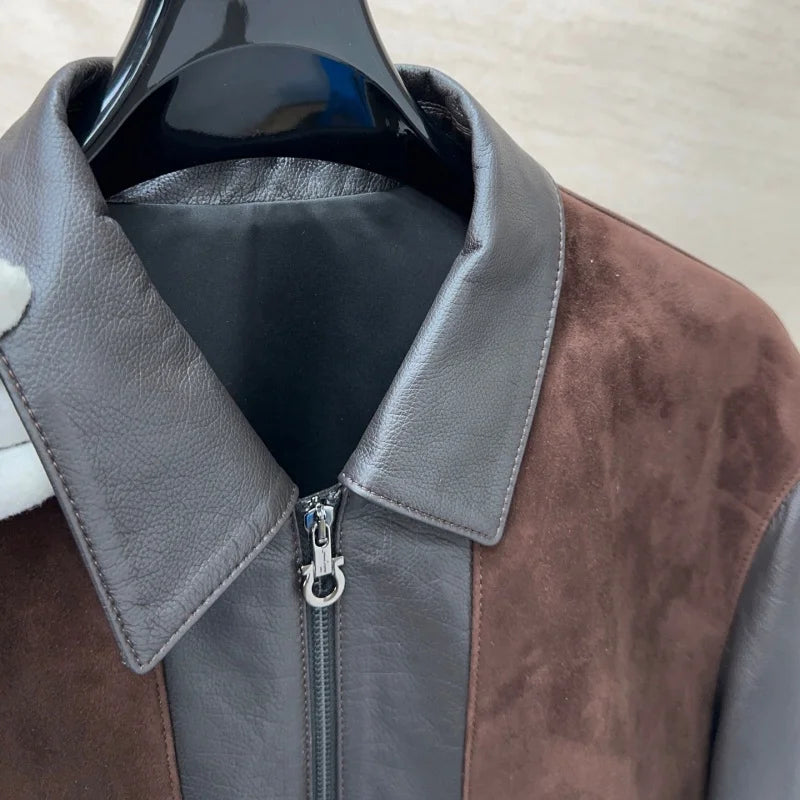 Blouson homme en cuir bicolore marron et gris – CLEVI Paris