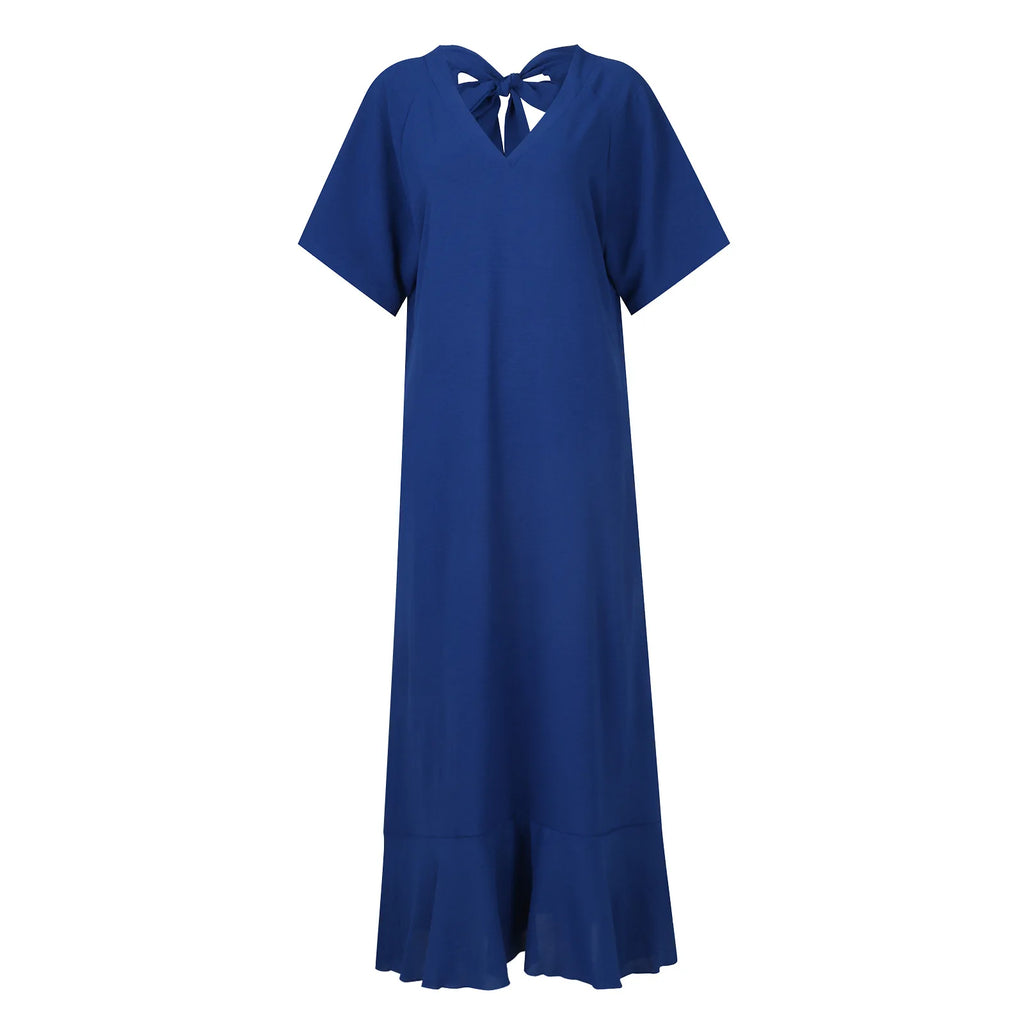 Robe Femme Col V Lacets Manches Courtes Couleur Unie A-line Mi-Mollet – CLEVI Paris