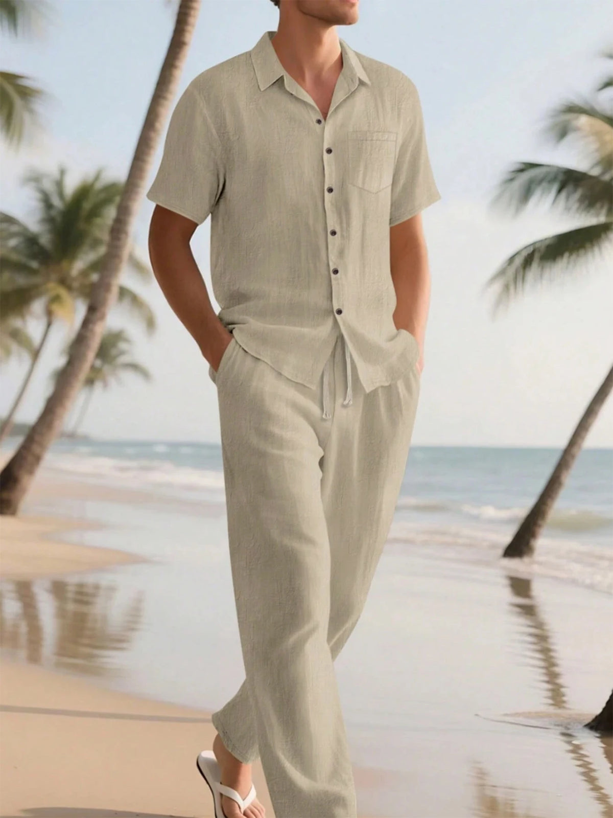 Ensemble 2 Pièces Homme Lin Chemise Manches Mi-Longues + Pantalon Cordon Casual Été S-XXL – CLEVI Paris