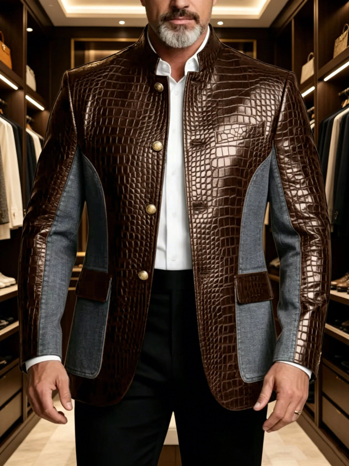Blazer en cuir PU de luxe marron pour homme, effet croco, patchwork denim, col montant, coupe ajustée, idéal pour affaires, décontracté ou soirée