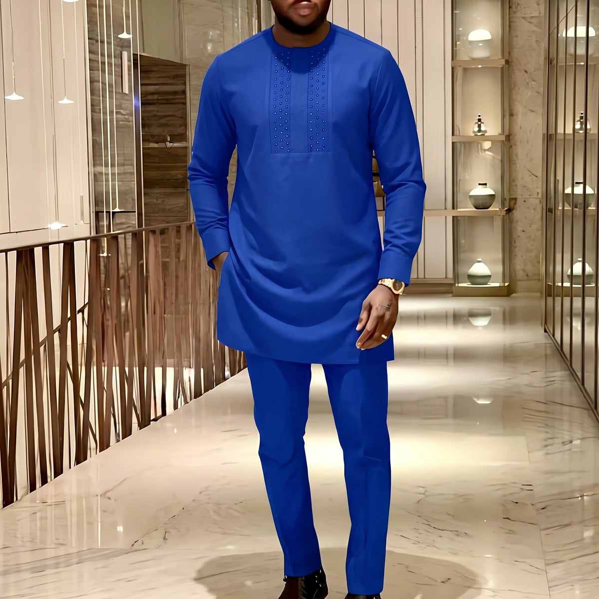 Kaftan Homme 2 Pièces Brodé Floral Col Mao Manches Longues + Pantalon Élastique Style Africain Mariage M-4XL – CLEVI Paris