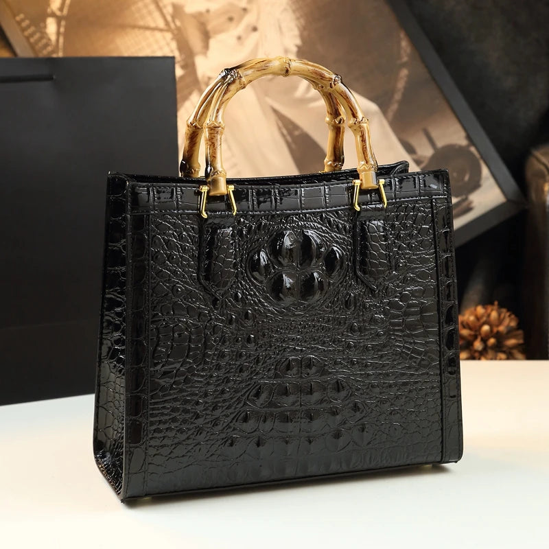 Sac à Main Femme Cuir Véritable Motif Crocodile Anse Bambou Business 4 Coloris – CLEVI Paris