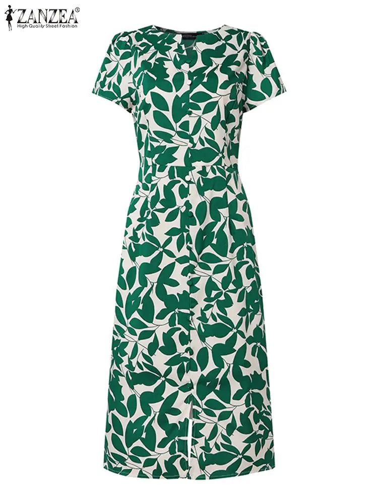 Robe Femme Col V Imprimé Feuilles Vintage Manches Courtes Fente Mi-Mollet – CLEVI Paris