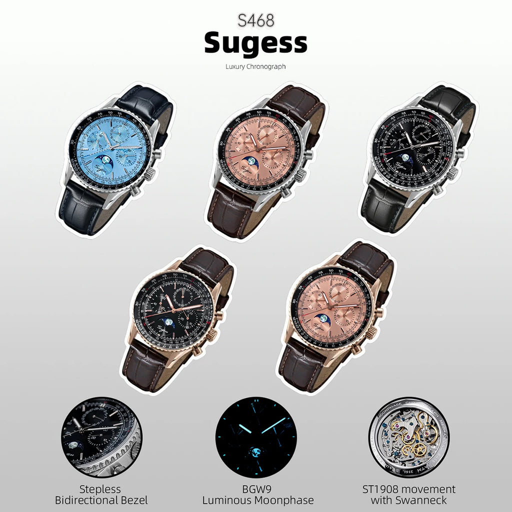 Montre Homme Chronographe Phase de Lune Sugess S468 Cal.ST1908 Swanneck – CLEVI Paris