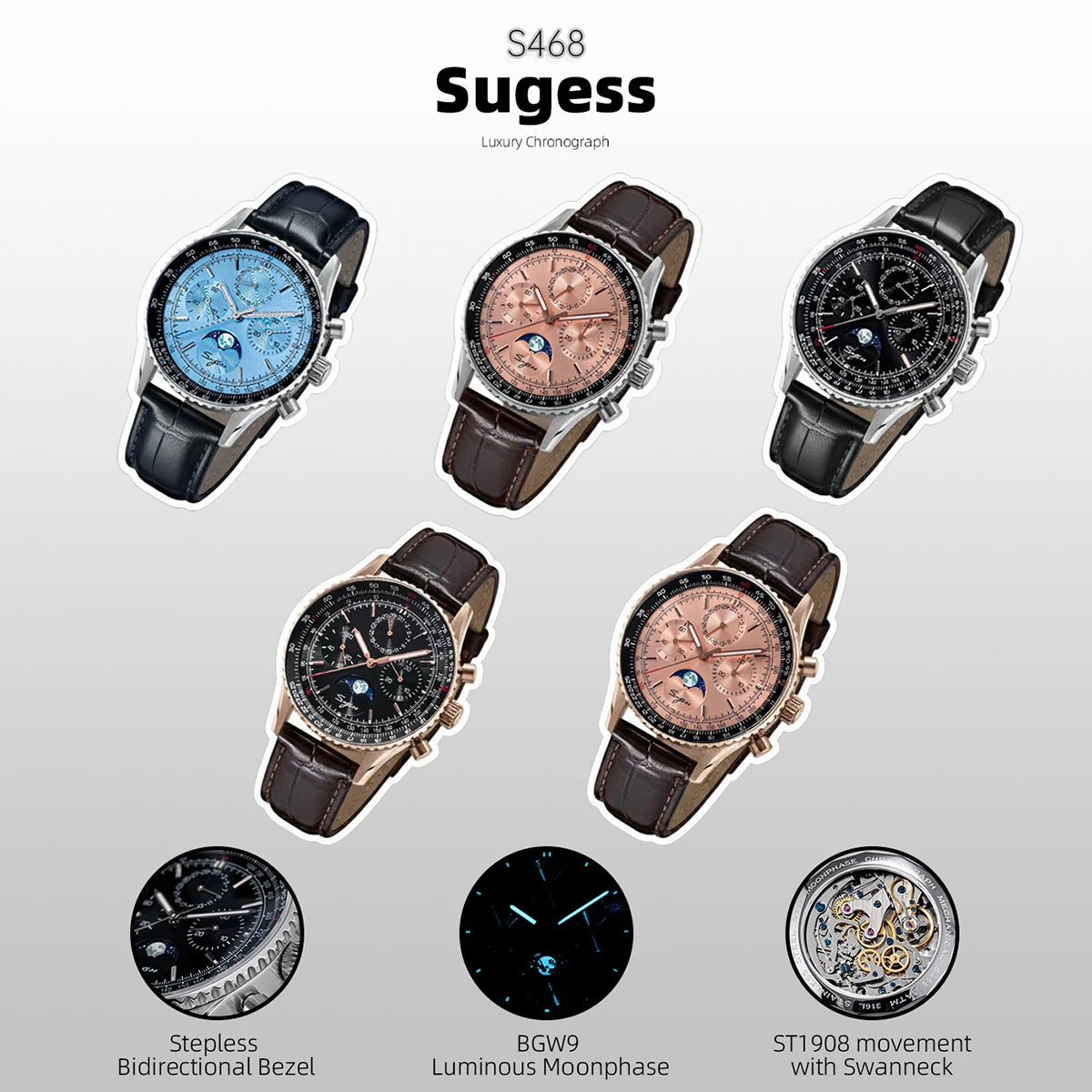 Montre Homme Chronographe Phase de Lune Sugess S468 Cal.ST1908 Swanneck – CLEVI Paris