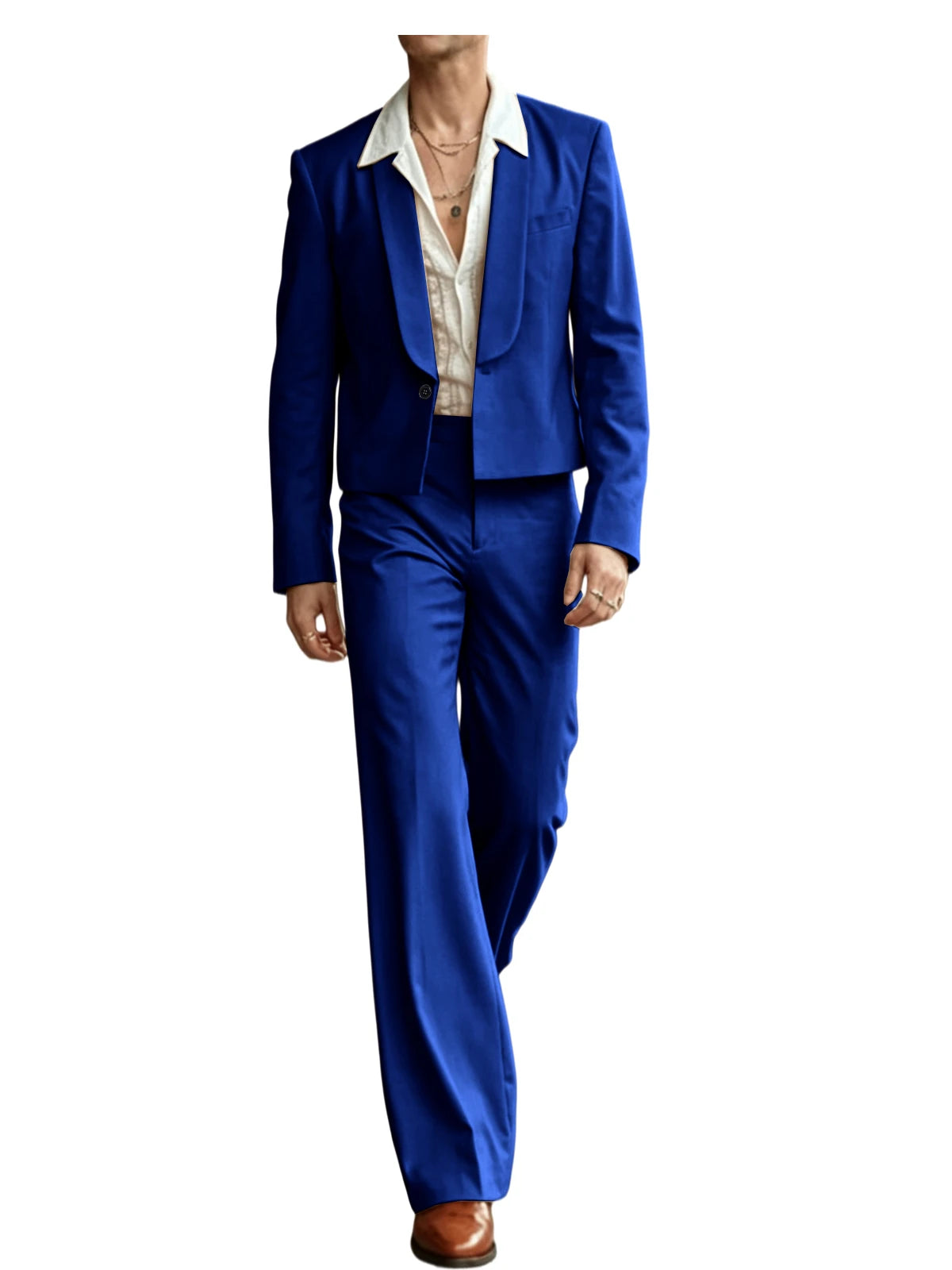 Costume 2 Pièces Homme Blazer Court Col Châle + Pantalon Évasé Taille Haute Style Vintage Slim Fit – CLEVI Paris