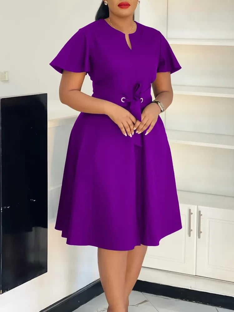 Robe Femme Grande Taille Col V Manches Courtes Mi-Mollet Élégante – CLEVI Paris