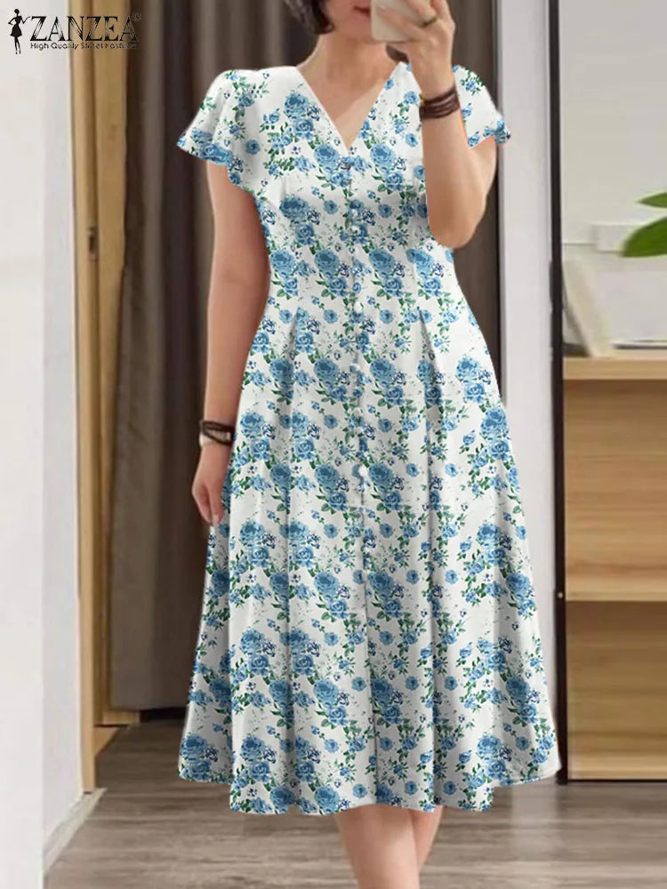 Robe Femme Col V Imprimé Floral All-Over Manches Courtes Volants A-line Bohème – CLEVI Paris