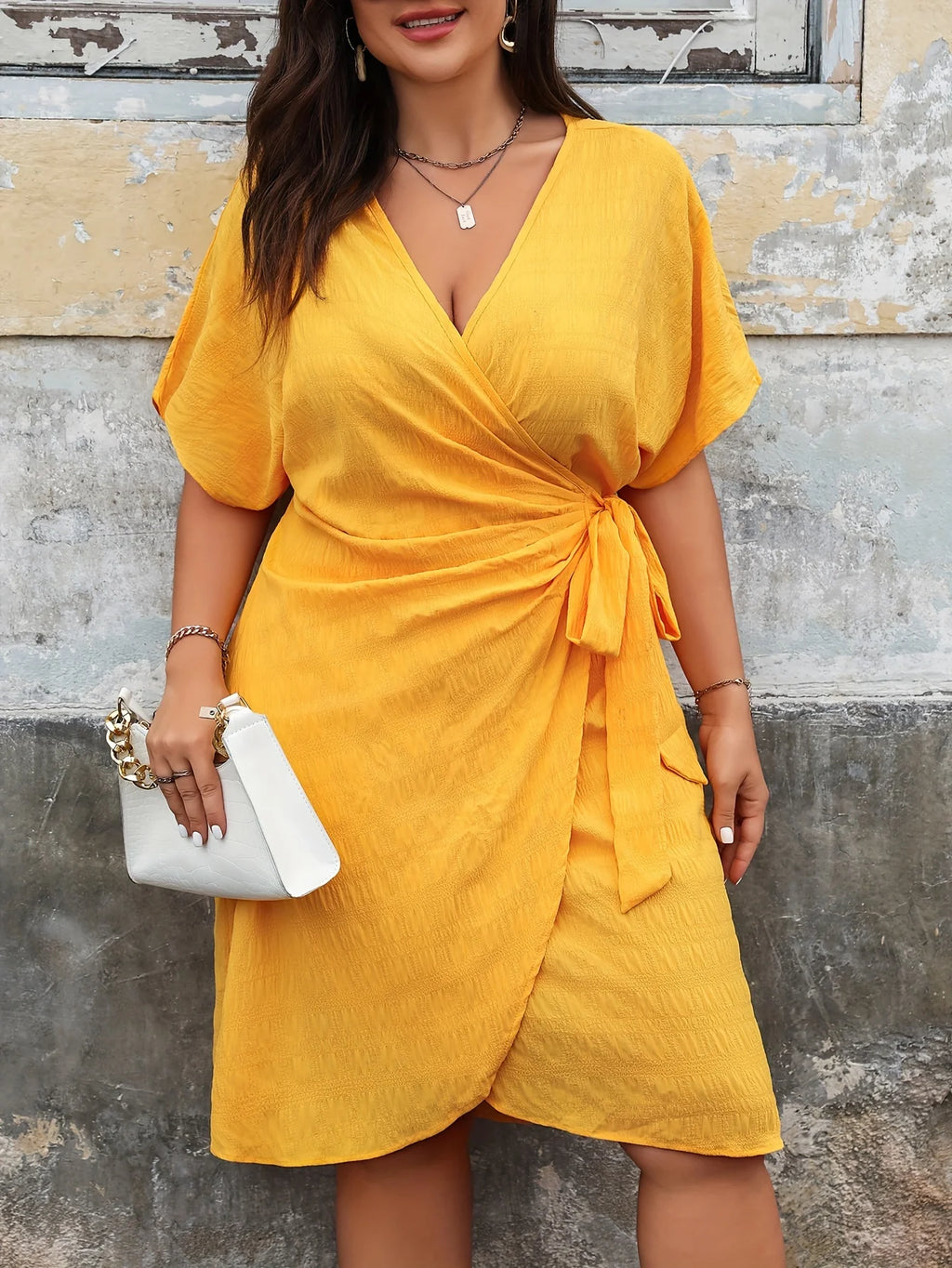 Robe Femme Grande Taille Col V Lacets Style Portefeuille Casual Vacances – CLEVI Paris