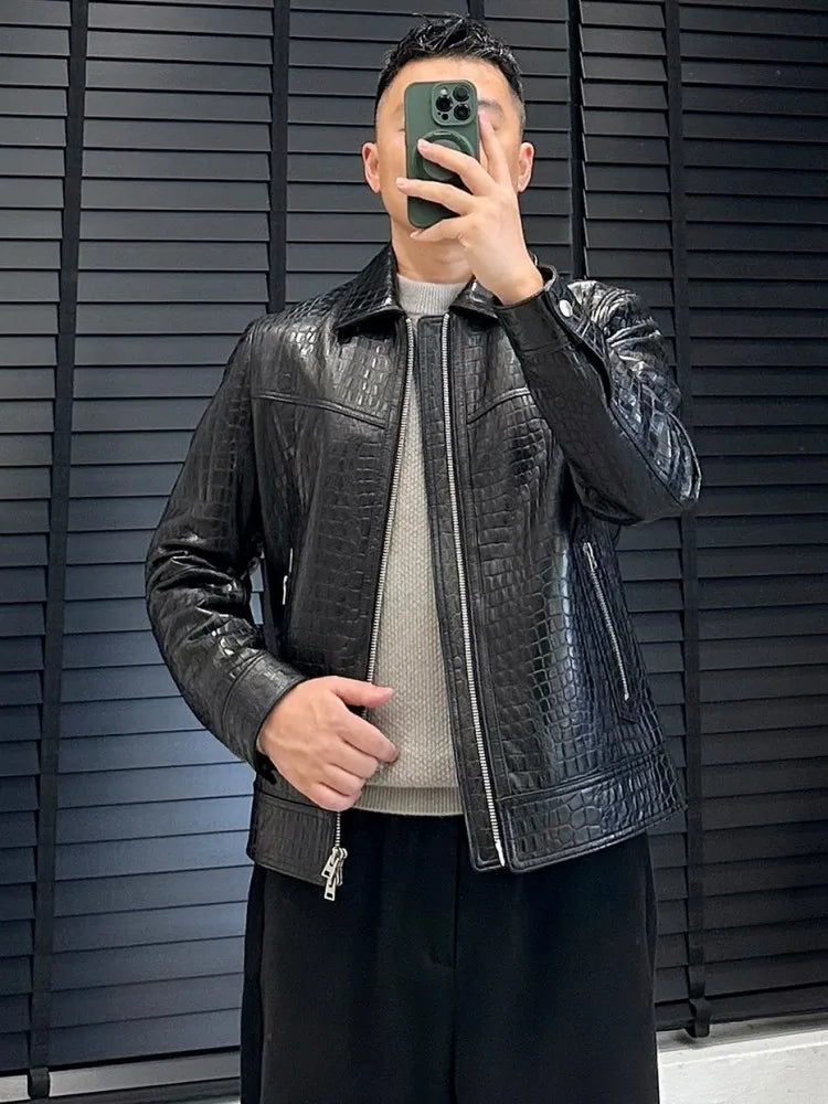 Veste homme cuir noir effet crocodile – CLEVI Paris