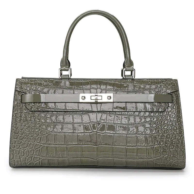 Sac Baguette Femme Cuir Croco Brillant Verrou Argenté Gris – CLEVI Paris