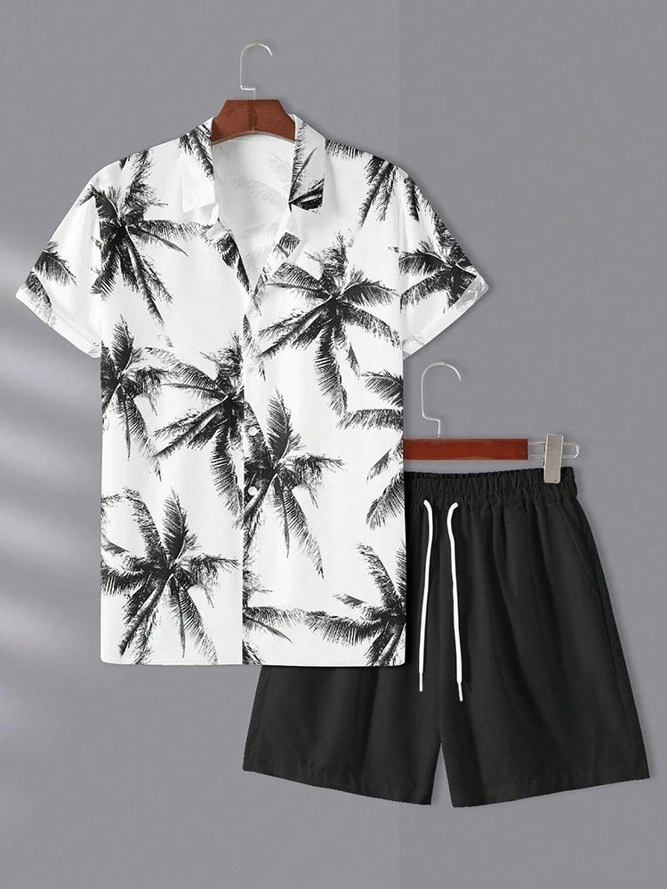 Ensemble Homme Chemise Manches Courtes Col V Imprimé 3D + Short de Plage Casual Streetwear Été – CLEVI Paris
