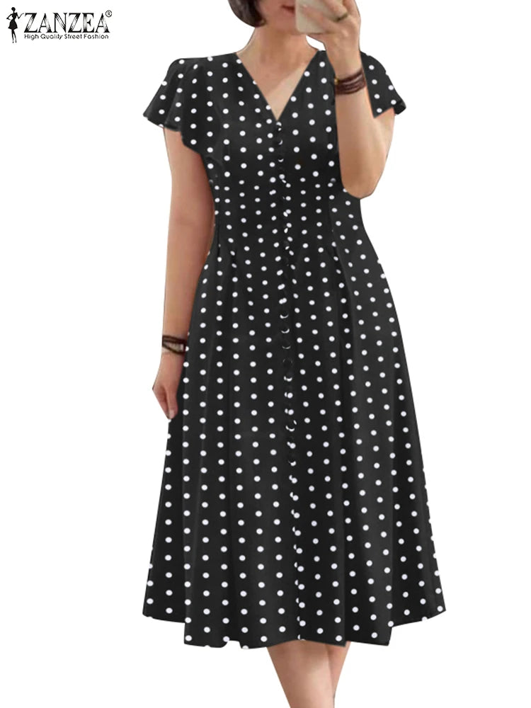 Robe Femme Col V Imprimé Pois Manches Papillon Vintage Mi-Mollet – CLEVI Paris