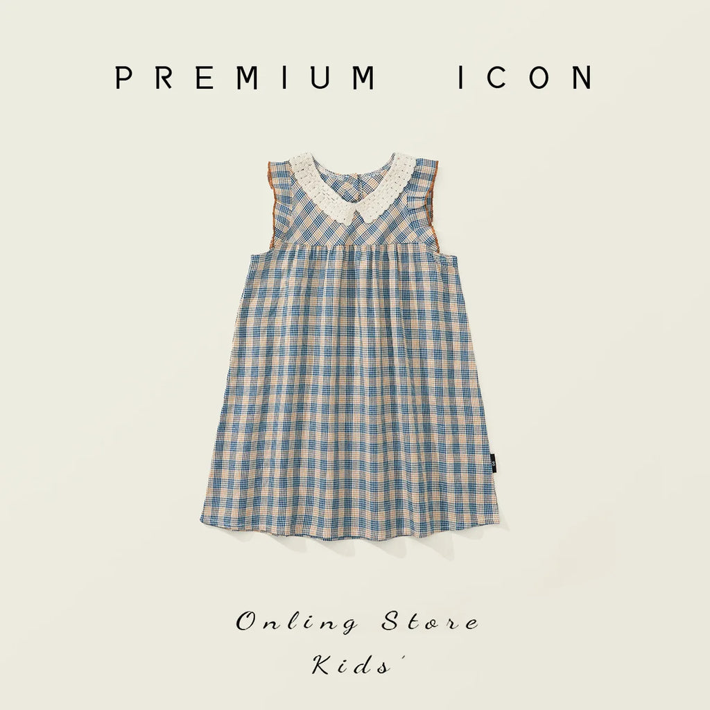 Robe fille bleue à carreaux et col Claudine – CLEVI Paris