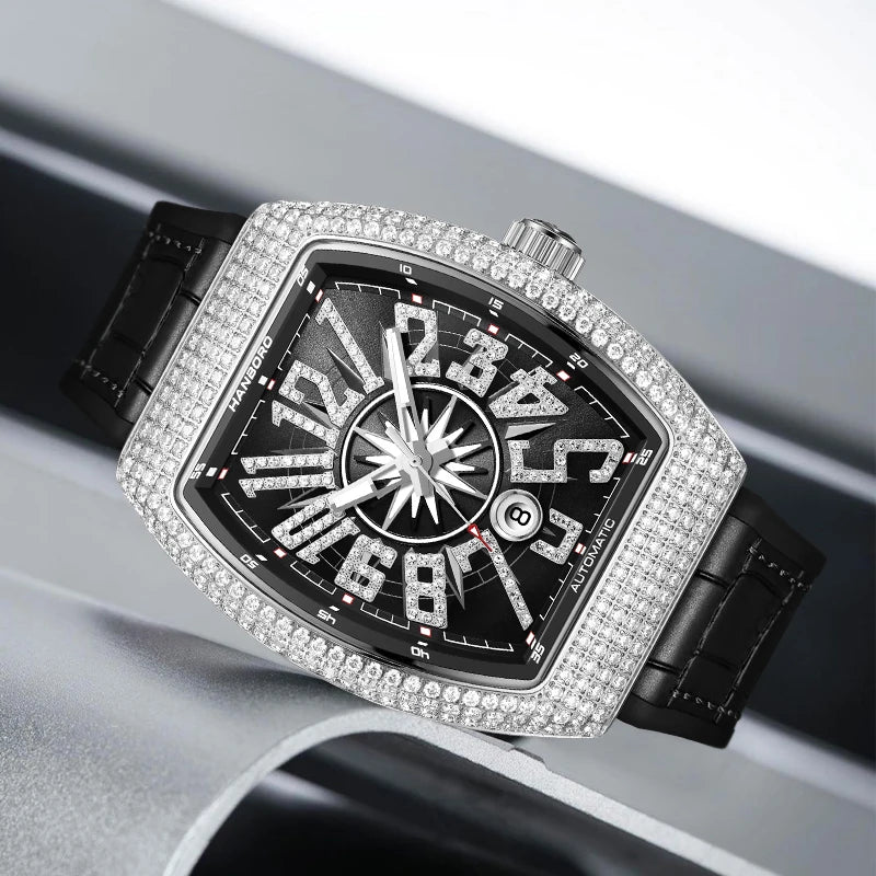 HANBORO 9029 Montre Homme Automatique Tonneau 445 Cristaux Étanche 5ATM – CLEVI Paris