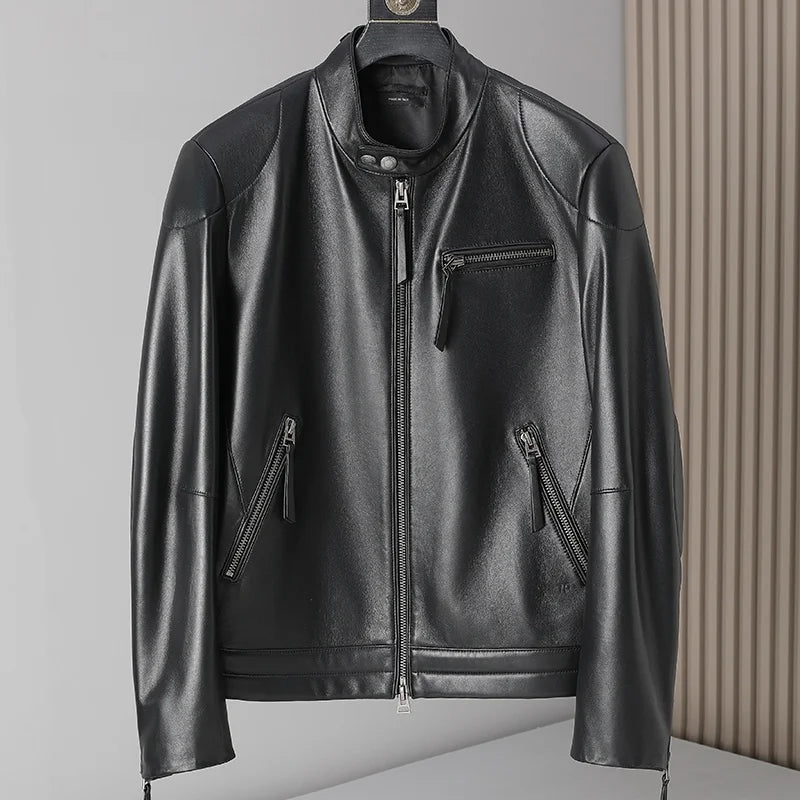 Blouson homme en cuir à col montant zippé – CLEVI Paris