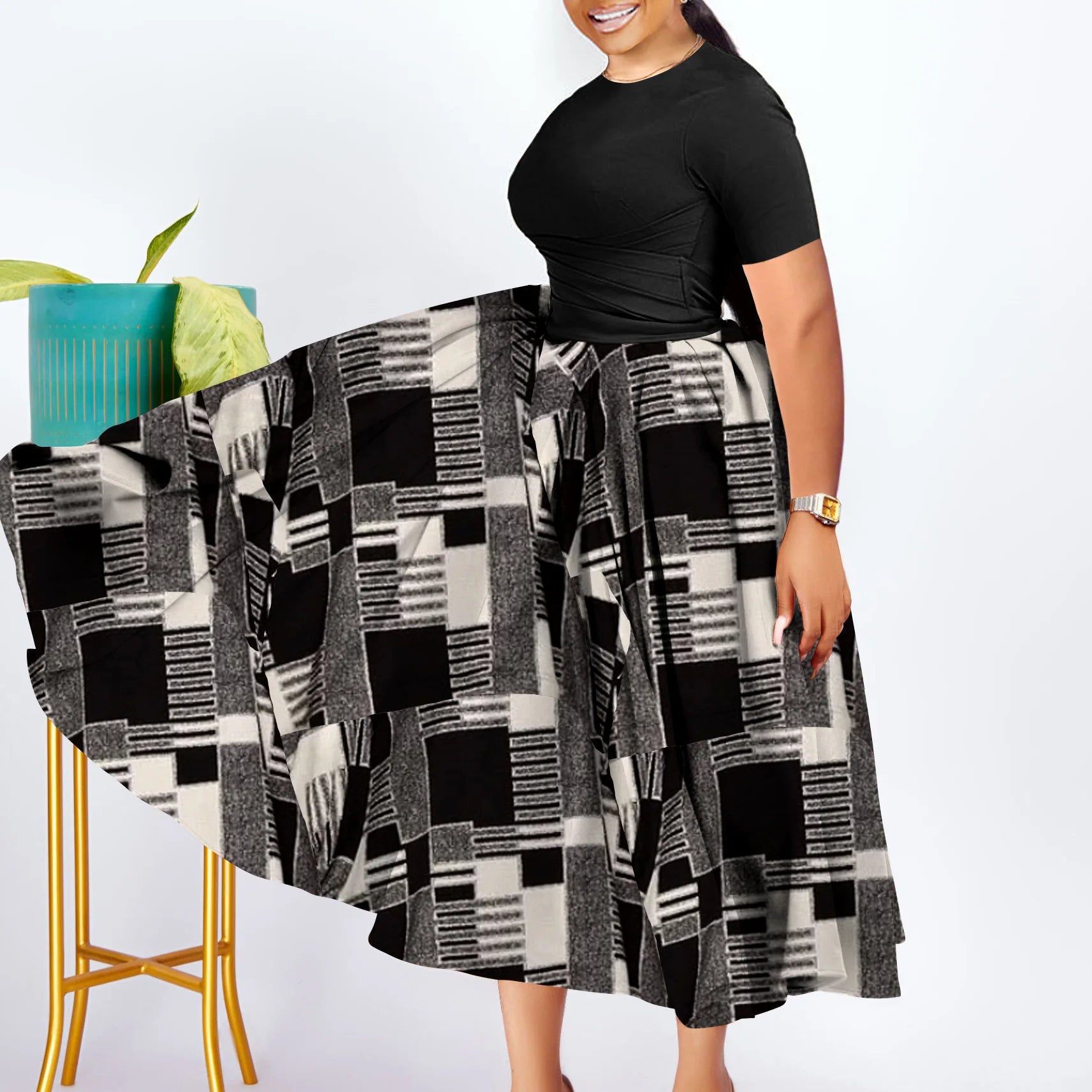 Robe Femme Grande Taille Manches Courtes Couleur Unie A-line Mi-Mollet Bureau – CLEVI Paris