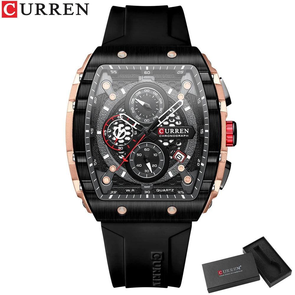 CURREN Montre Quartz Homme Rectangulaire Chronographe Silicone Lumineux 47mm Mouvement Japonais – CLEVI Paris