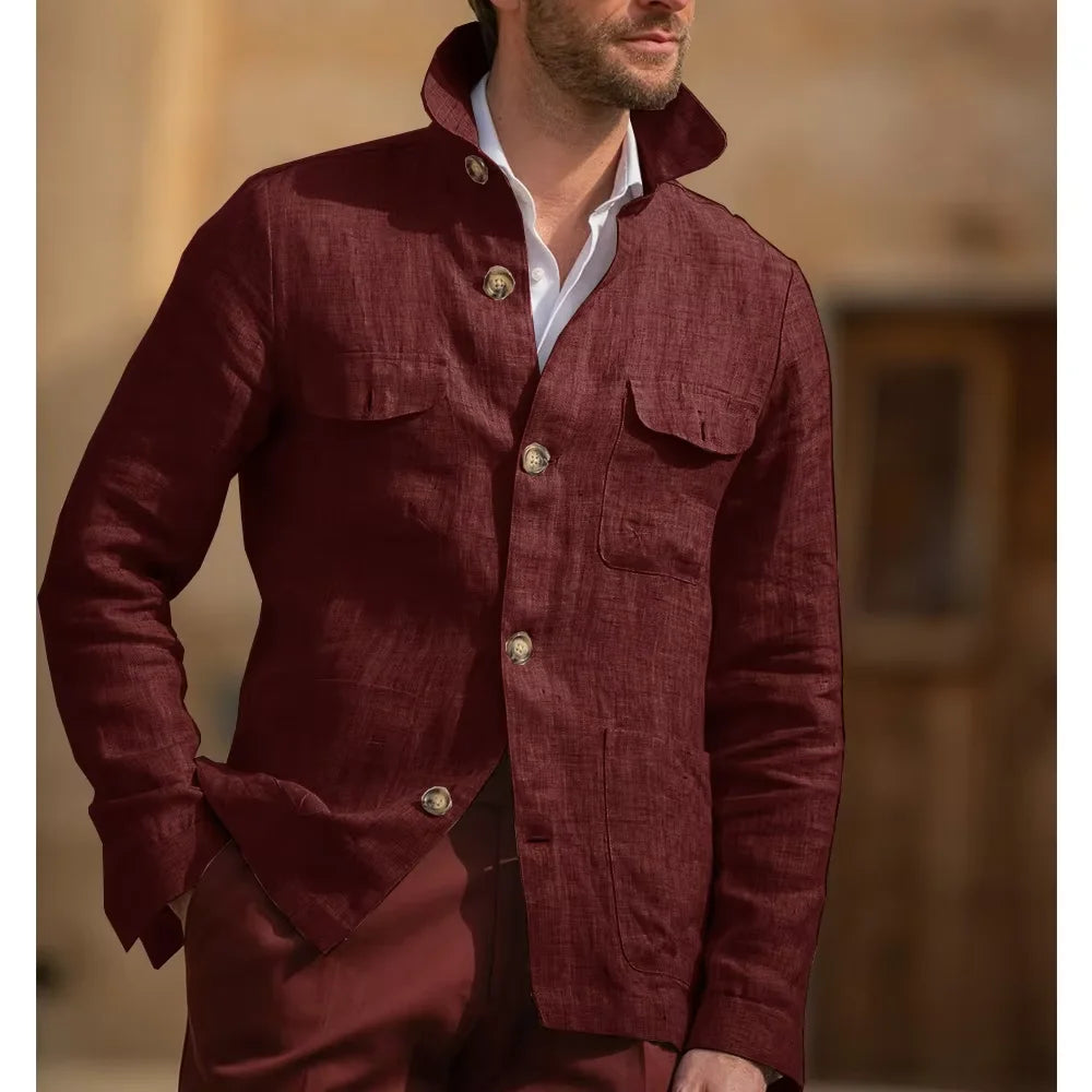 Veste Safari Lin Homme Col Montant – CLEVI Paris