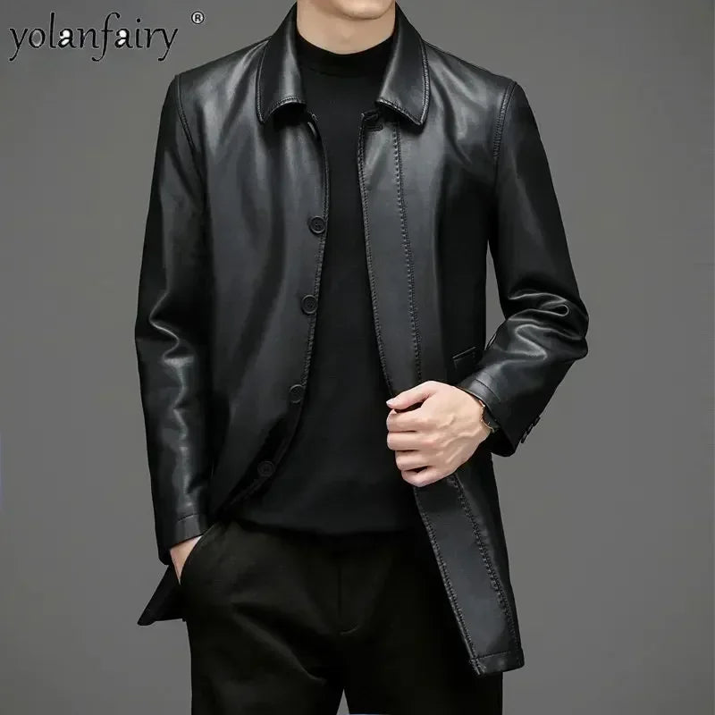 Veste longue homme en croûte de cuir noire – CLEVI Paris