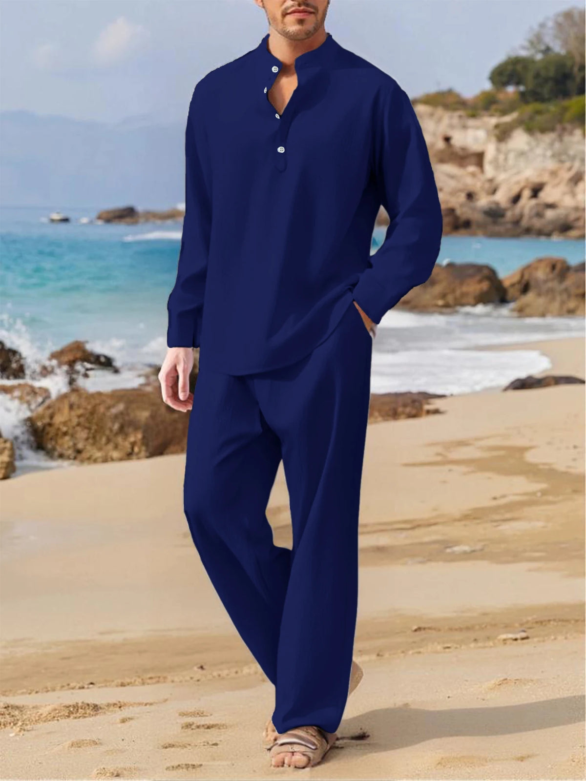 Ensemble Homme Chemise Col V Sans Manches + Pantalon Casual Beach Outdoor – CLEVI Paris