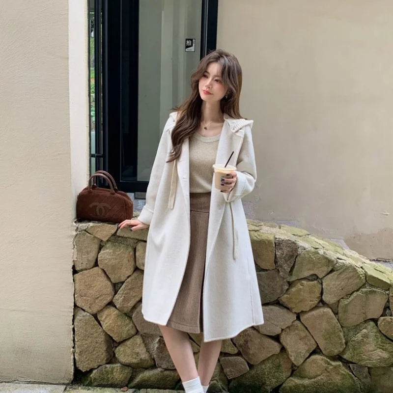 Manteau long en laine à capuche femme – CLEVI Paris