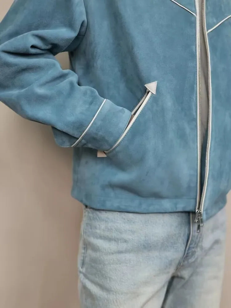 Blouson homme bleu aspect daim à liserés – CLEVI Paris