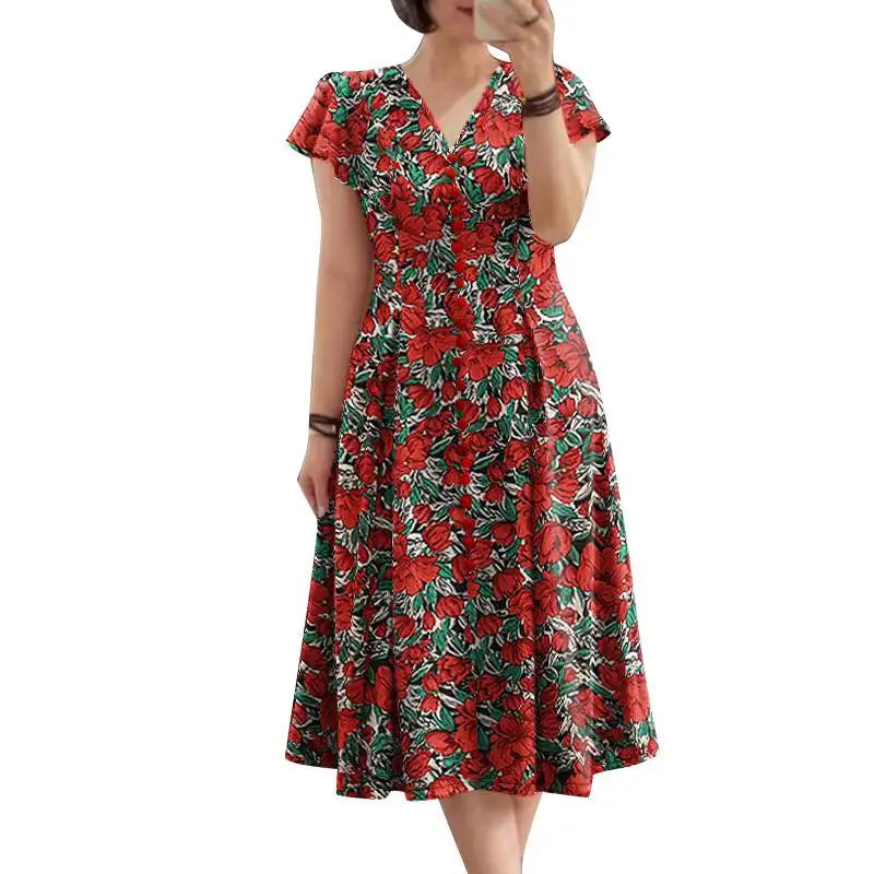Robe Femme Col V Imprimé Floral Manches Papillon Volants Bohème Mi-Mollet – CLEVI Paris