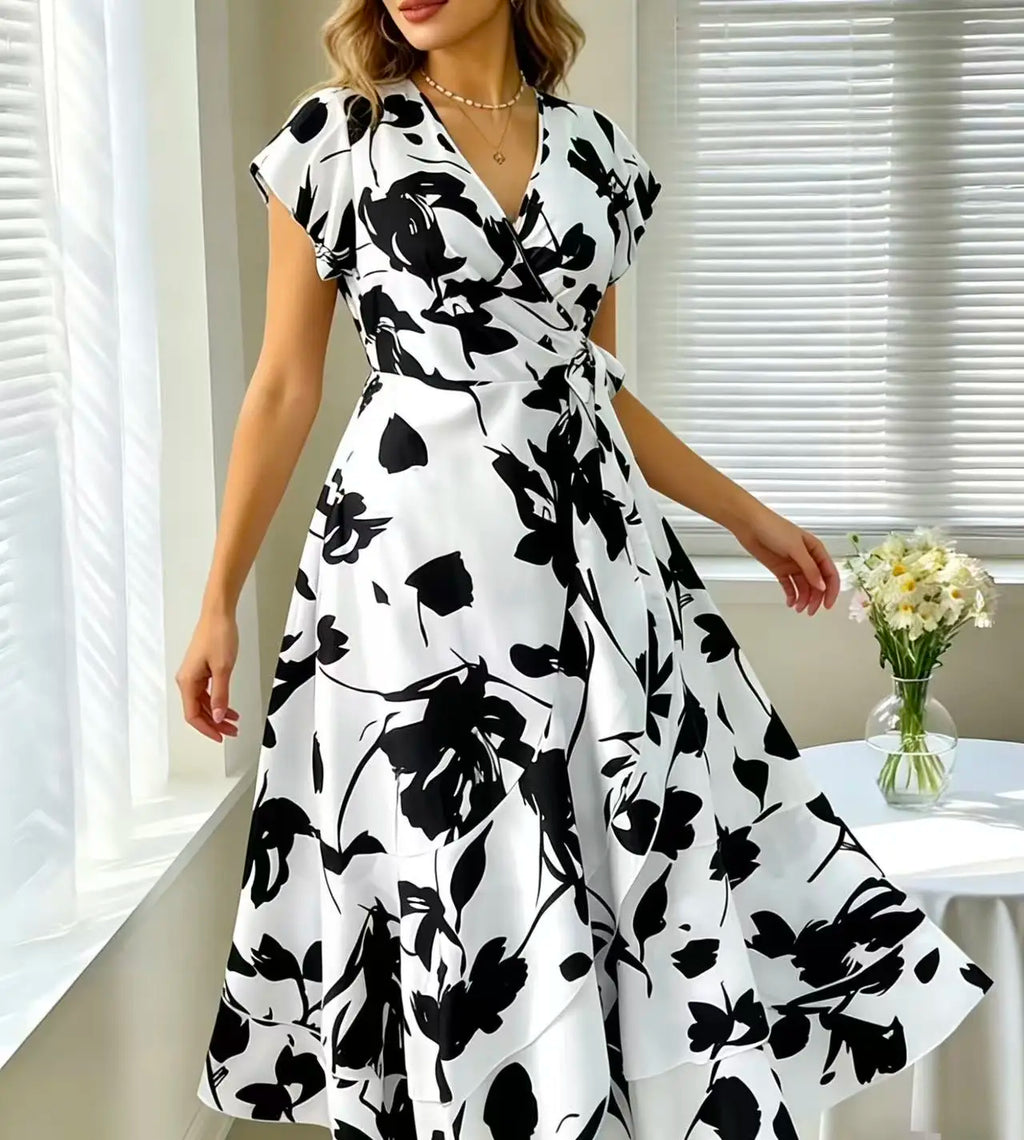Robe Midi Portefeuille Grande Taille Femme Florale Noir & Blanc Col V Nœud – CLEVI Paris