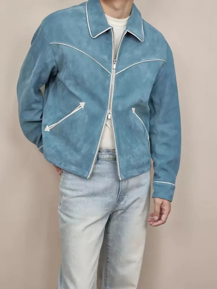 Blouson homme bleu aspect daim à liserés – CLEVI Paris