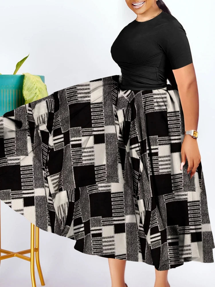 Robe Femme Grande Taille Manches Courtes Couleur Unie A-line Mi-Mollet Bureau – CLEVI Paris