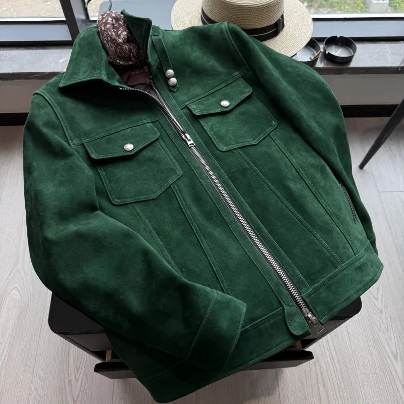 Blouson homme vert aspect daim à col rabattu – CLEVI Paris