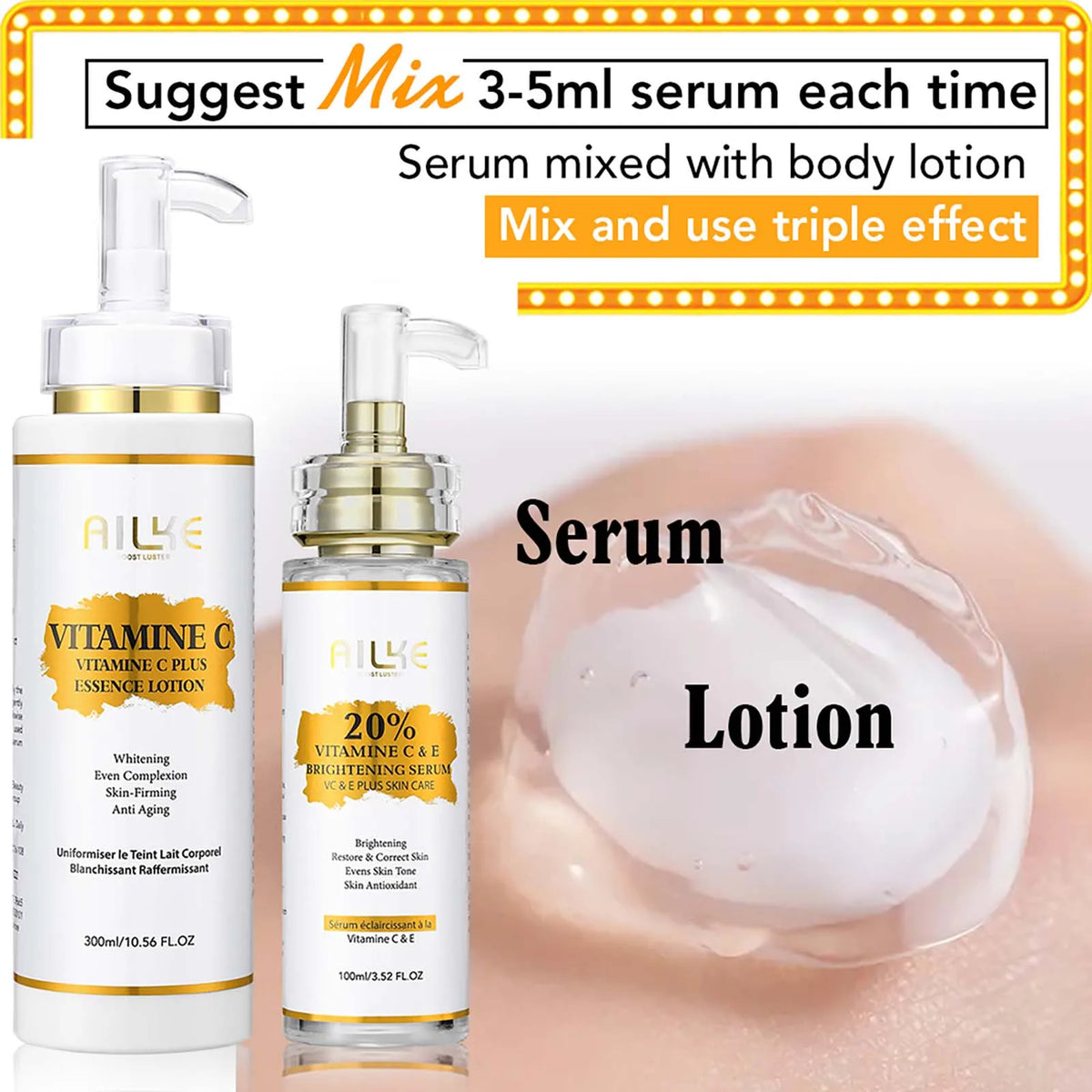 Gamme Soins Corps & Visage AILKE Vitamine C+E – Éclaircissant, Anti-Taches & Raffermissant – CLEVI Paris