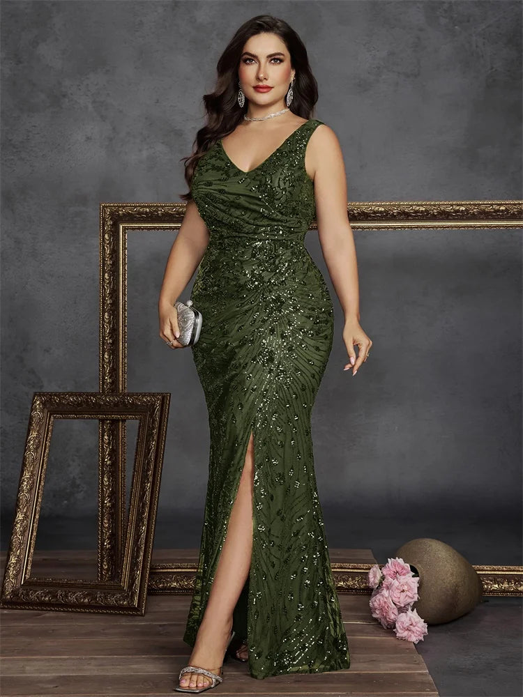 Robe de soirée sirène paillettes col V – CLEVI Paris