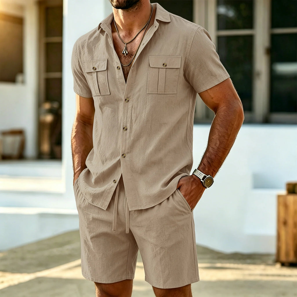 Ensemble 2 Pièces Homme Chemise Manches Courtes Boutonné Double Poche + Short Casual Cordon Été – CLEVI Paris