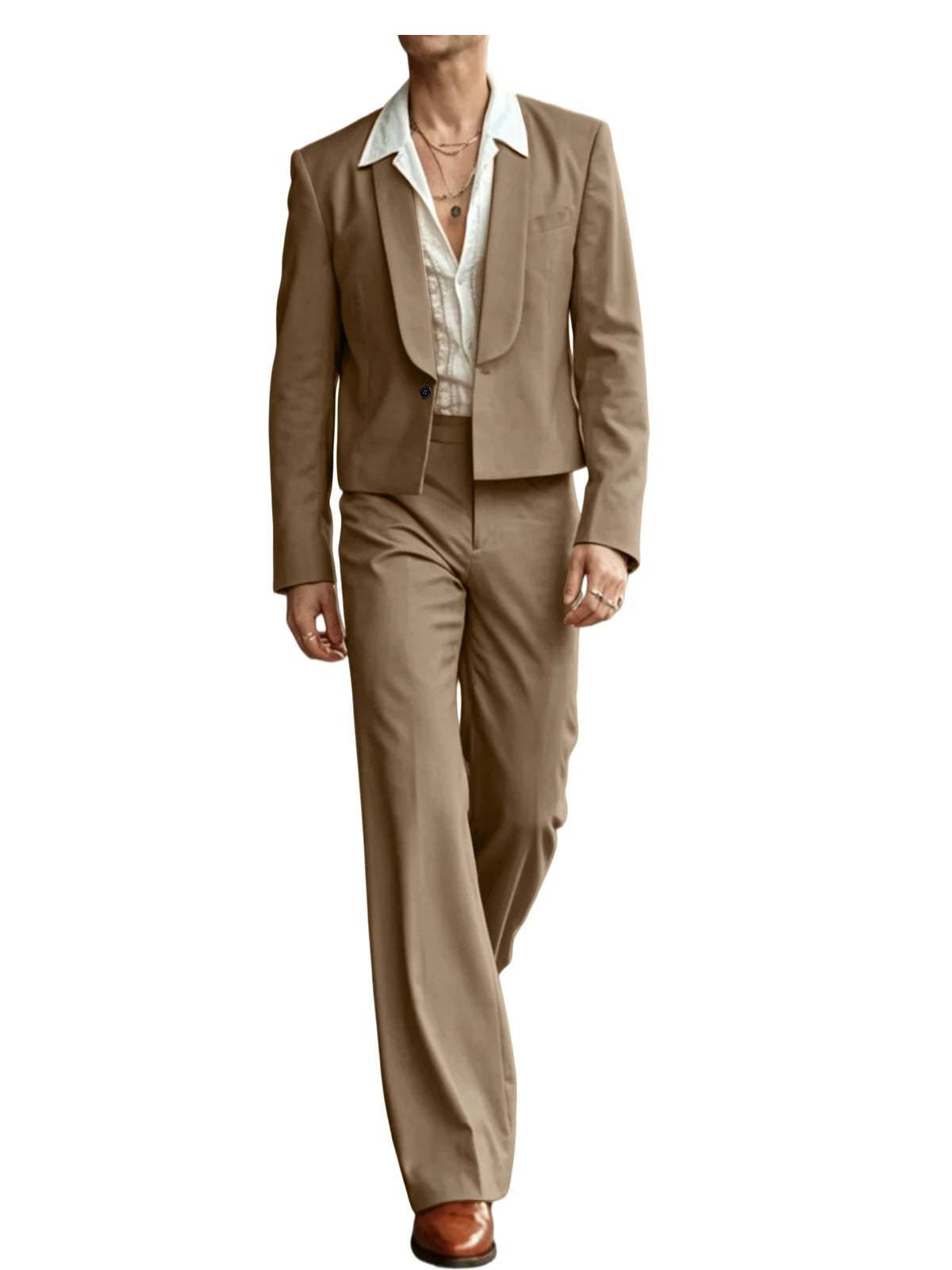 Costume 2 Pièces Homme Blazer Court Col Châle + Pantalon Évasé Taille Haute Style Vintage Slim Fit – CLEVI Paris