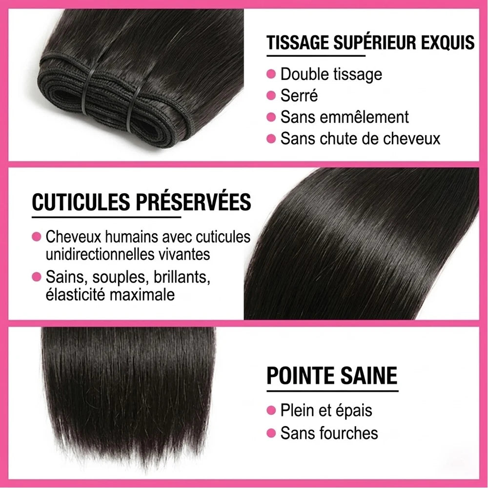 Extensions Cheveux Humains Brésiliens Lisses – Bundles Double Trame – CLEVI Paris