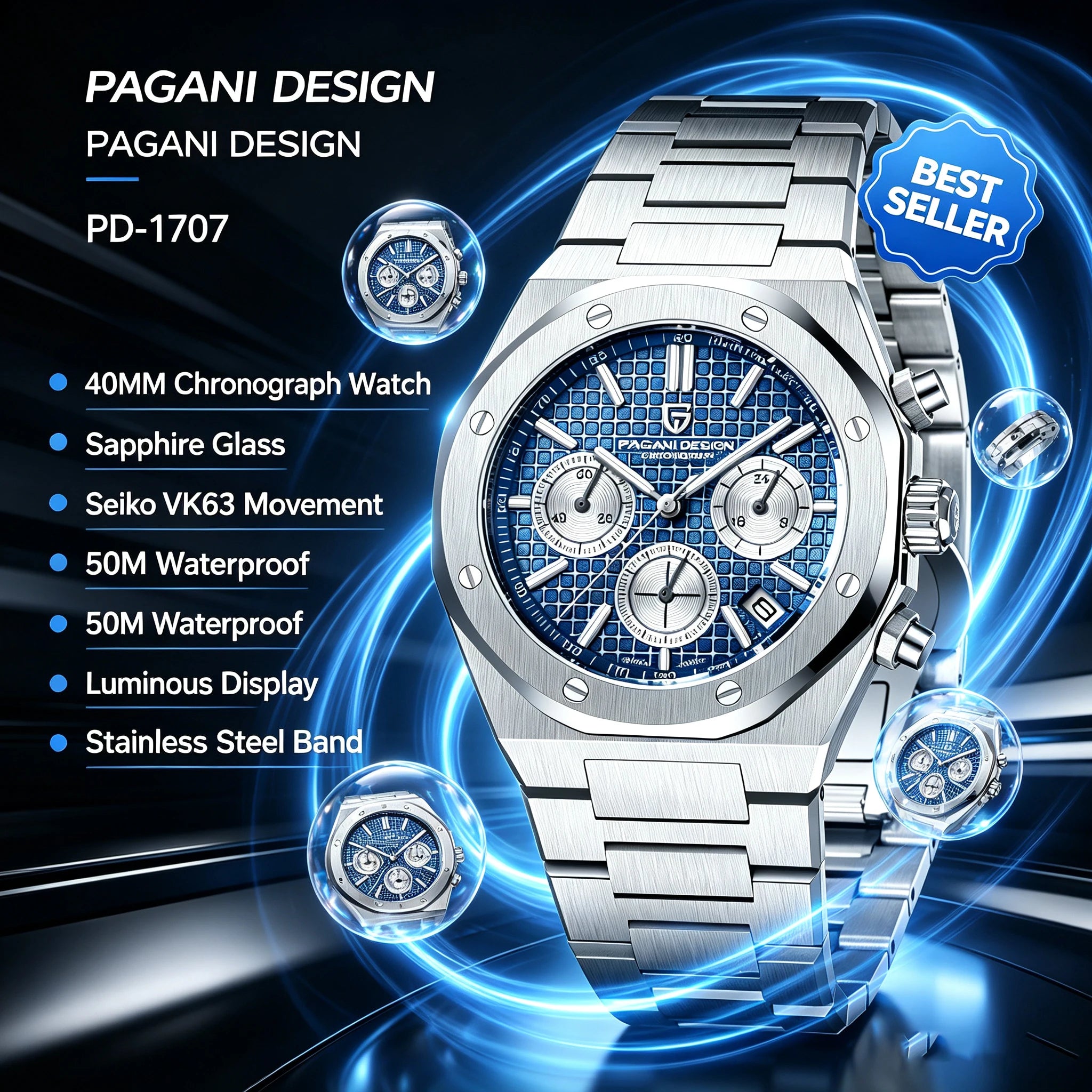 Montre Quartz Homme Pagani Design PD-1707 V2 VK63 Saphir Lumineux C3 Étanche 20 Bar Business 3 Coloris – CLEVI Paris