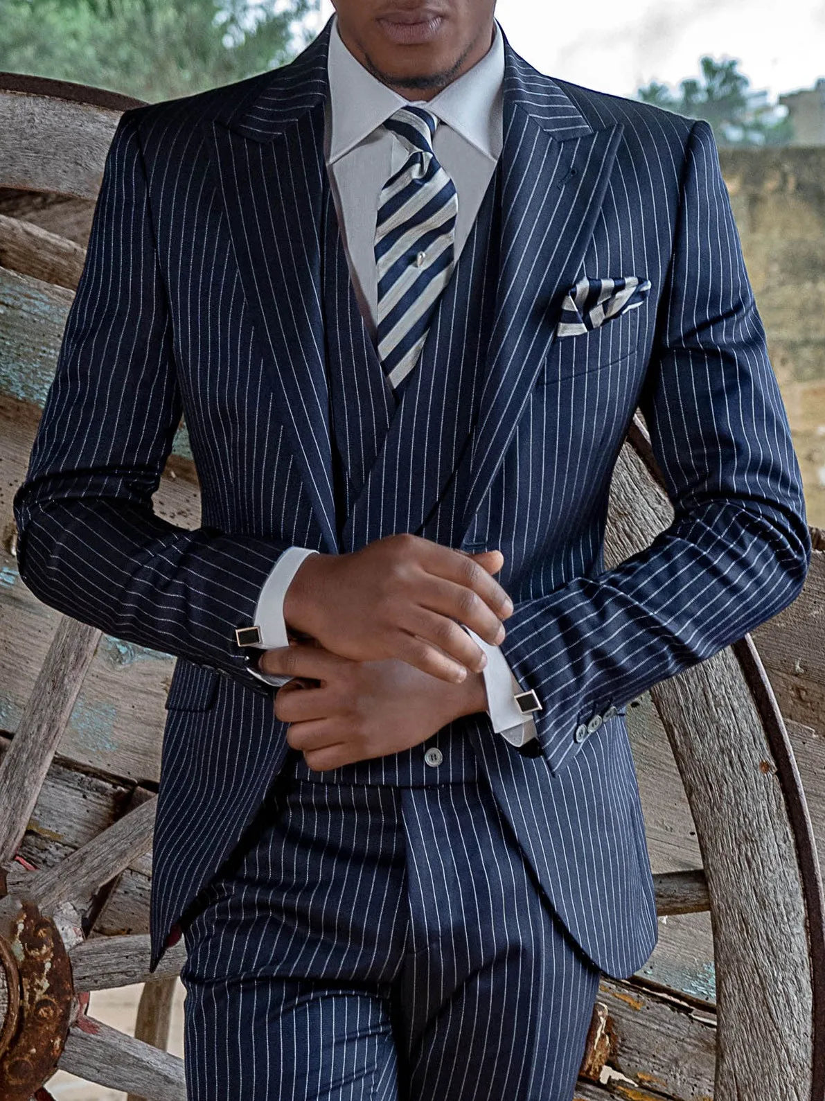 Smoking 3 Pièces Homme Bleu Marine Rayures Slim Fit Mariage – CLEVI Paris