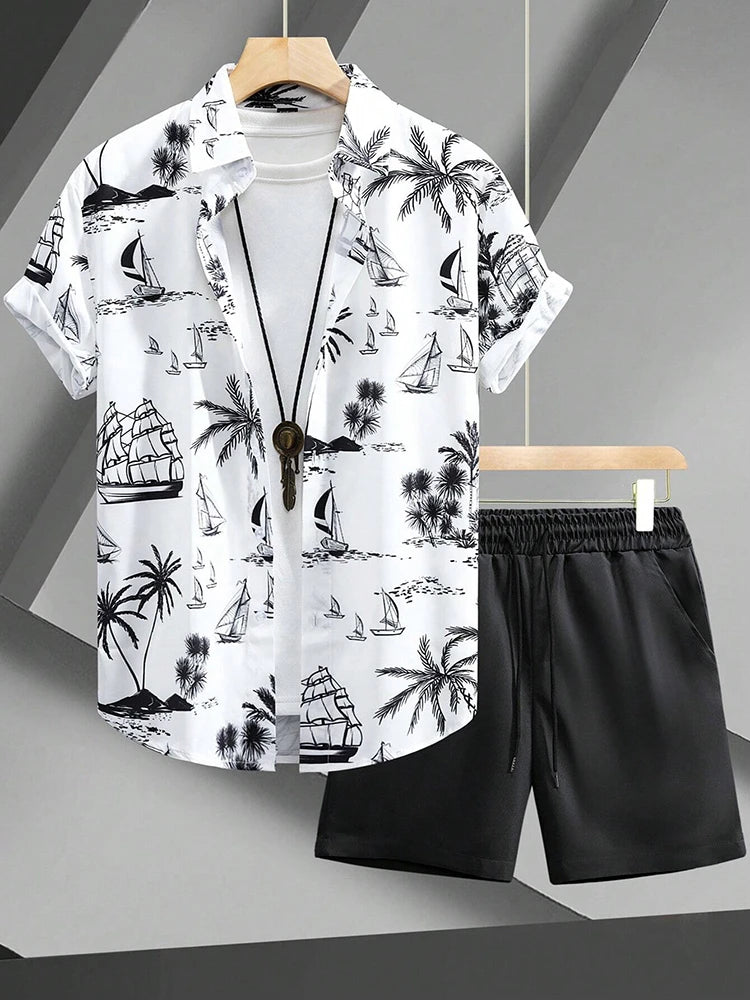 Ensemble Homme Chemise Manches Courtes Col V Imprimé 3D + Short de Plage Casual Streetwear Été – CLEVI Paris